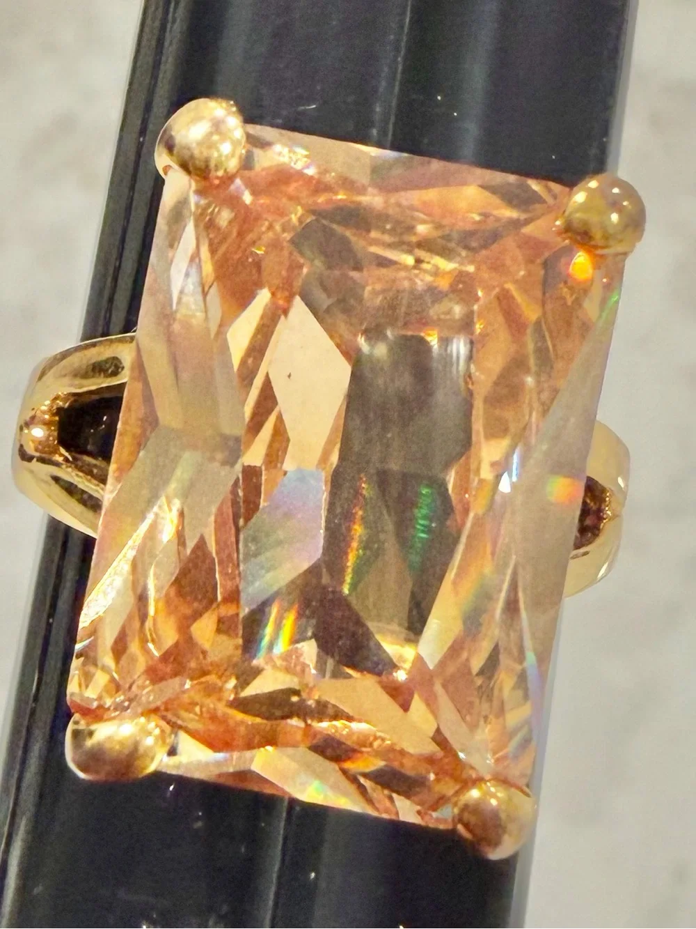 Gold Plated Champagne CZ Emerald Cut Statement Cocktail Ring SZ 9.25